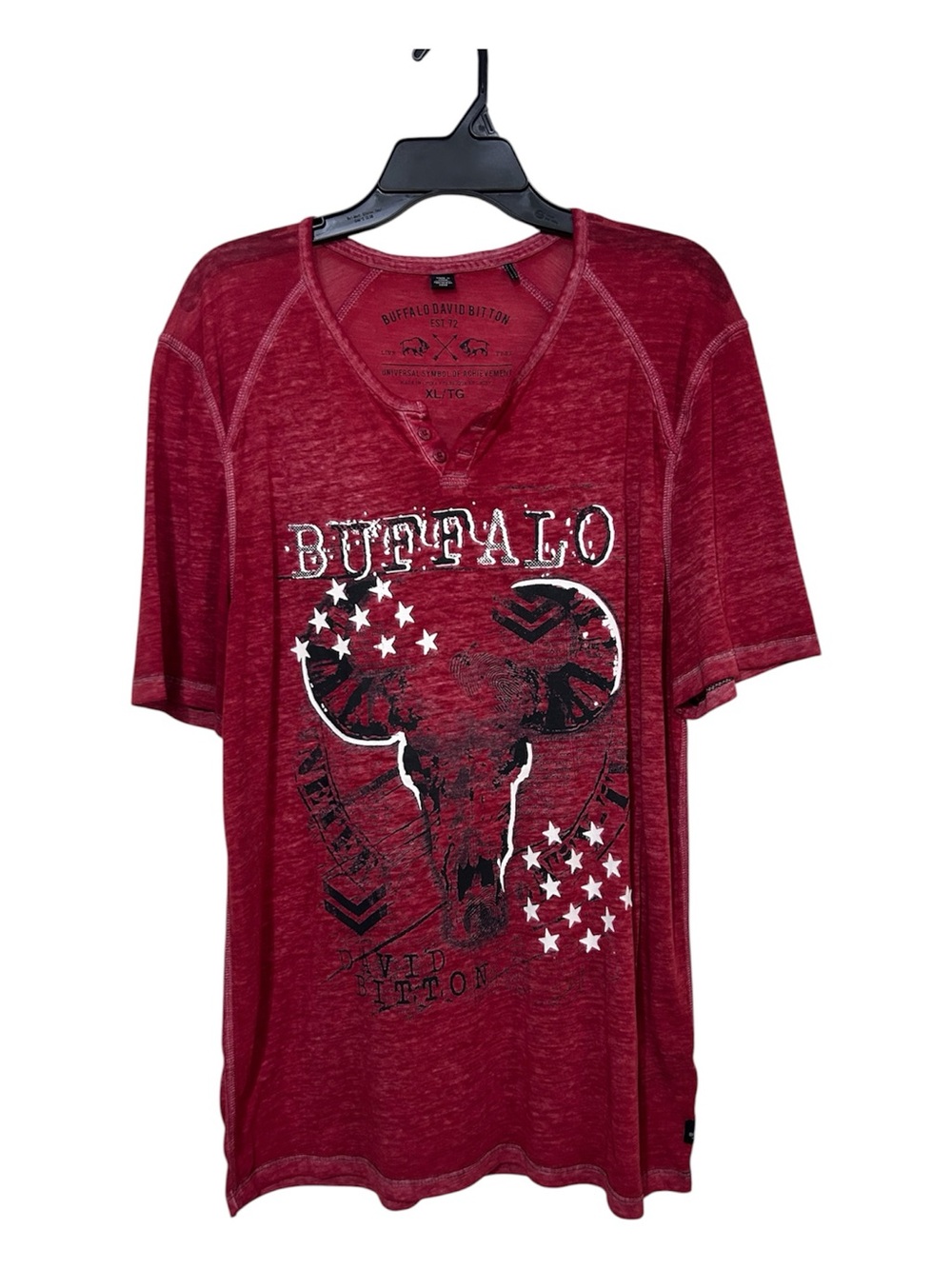 Buffalo David Bitton XL Red Burnout Henley Graphic T-Shirt Skull Patriotic